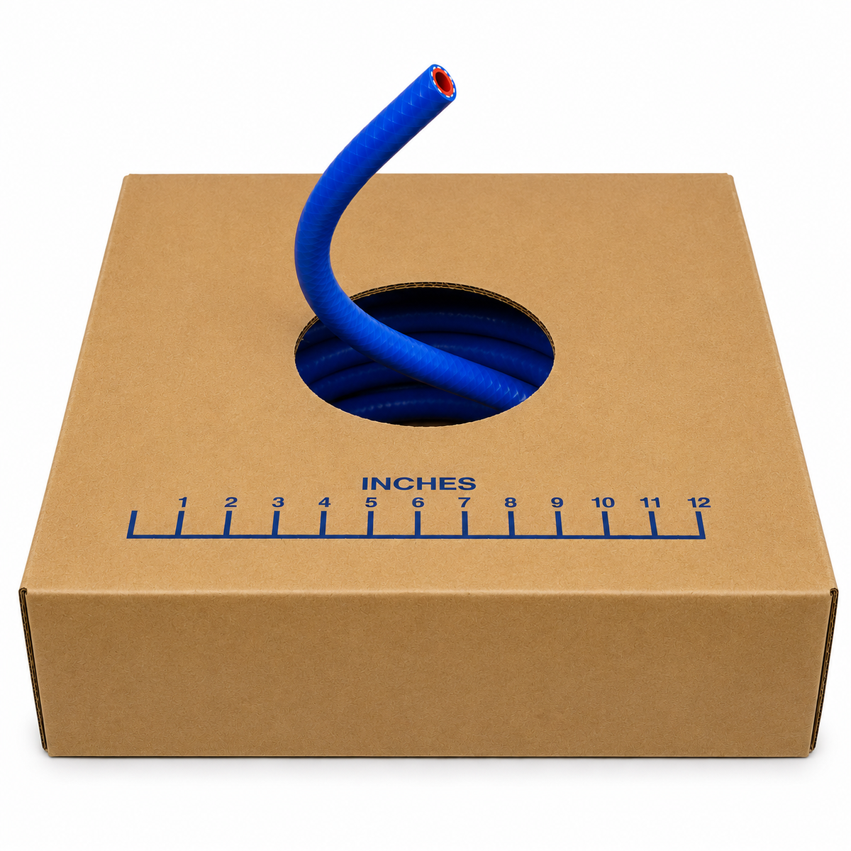 Flexfab 5526 blue silicone heater hose in box, stock photo