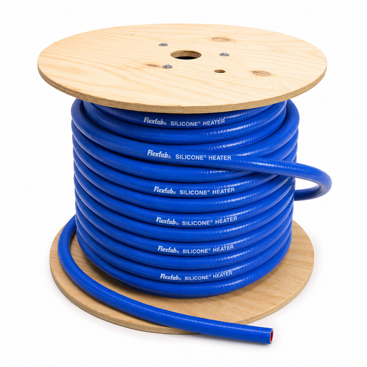 Flexfab 5526 blue silicone heater hose on reel, stock photo