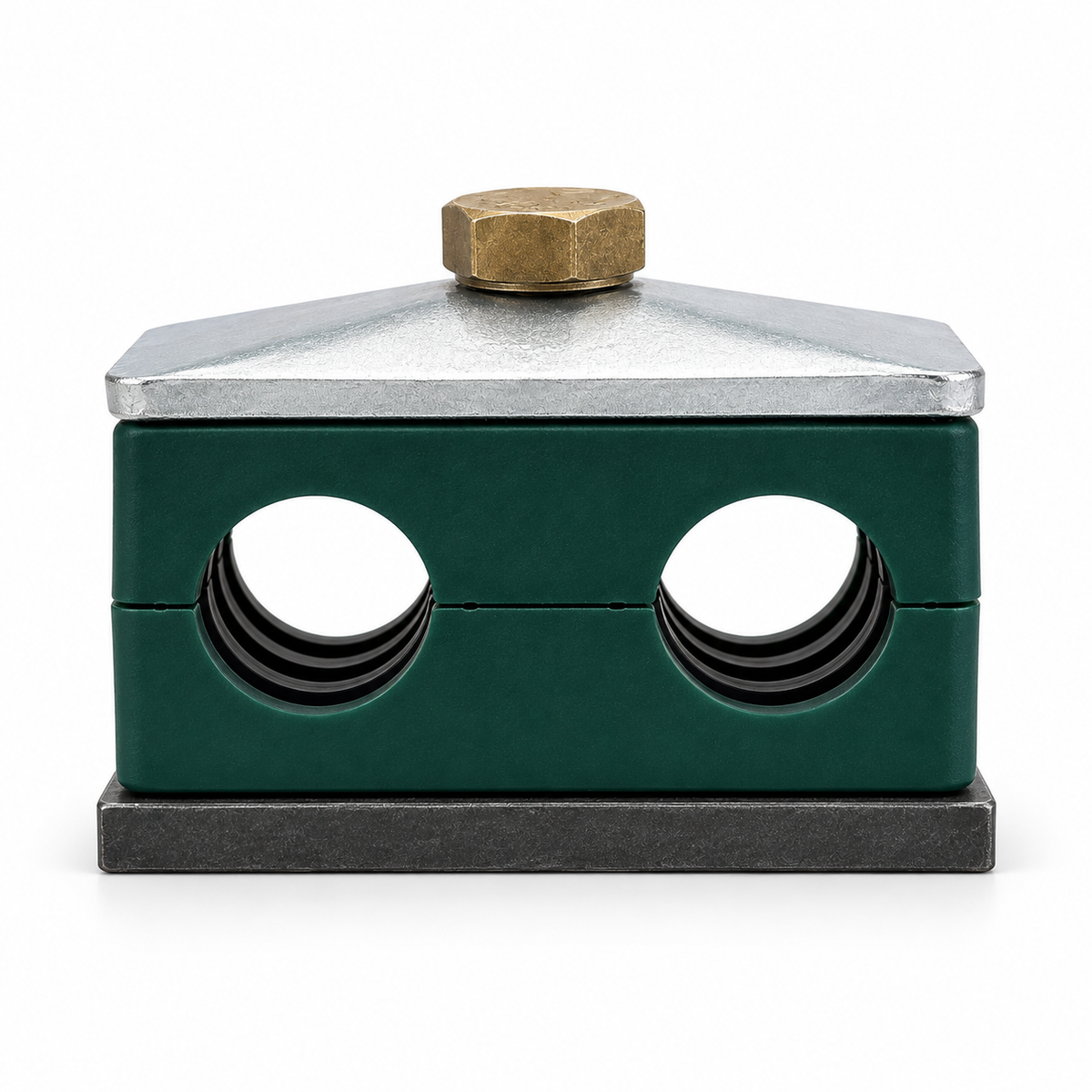 ZSI Beta T4017S twin pipe clamp, green polypropylene with weld plate