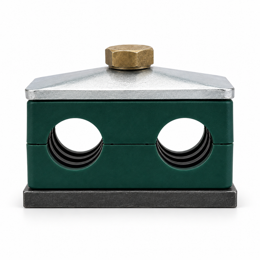 ZSI Beta T4017S twin pipe clamp, green polypropylene with weld plate